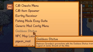 The Goddess Statue mod on the Generic Mod Config Menu menu