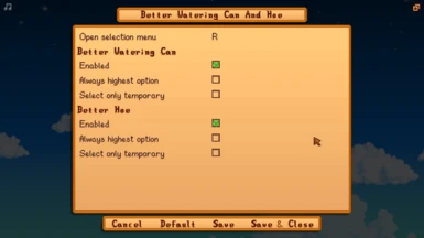 Settings (You can enable or disable independently watering can or hoe functions)