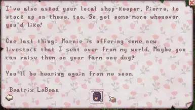 Optional file: "Slimes in Stardew - Mail". Beatrix sends seeds each season.