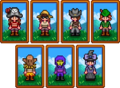 A few examples of outfits and hats with custom colors.