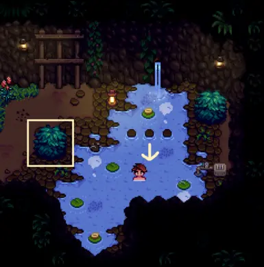 Hot Springs - Change behind bush, enter pool on indicated tile