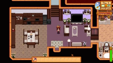 A good view of the optional file's changes - the darker kitchen and the wood work.