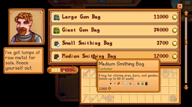 Custom shop menu tooltips showing which items the bag can store