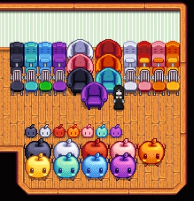 green/pink plush seat + red/blue armchair + red/blue diner chair + pink/purple office chair + junimo/small junimo plush