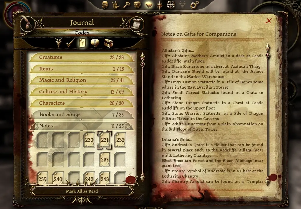 Gift list codex entry for each companion at Dragon Age: Origins