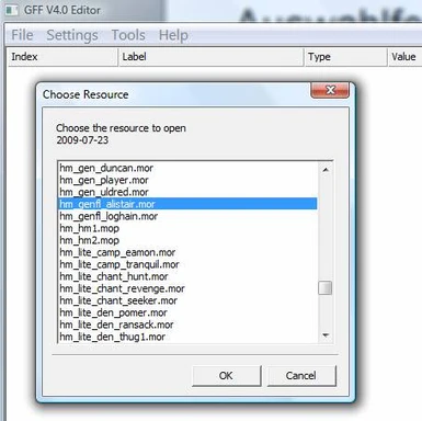 Auswahlfenster der mor Dateien im gff4 Editor bei offener face erf Datei