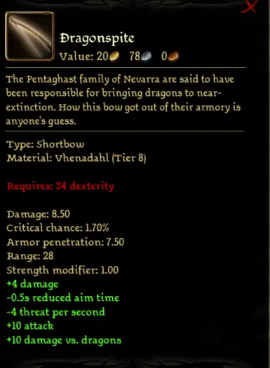 Dragonspite modded (I have no idea why it says only +10 vs Dragons. That should not affect your game unless this property is modded in your run to begin with.)