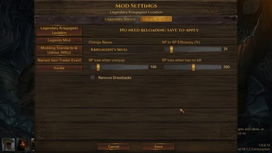 a mod setting screen for the legendary sword
