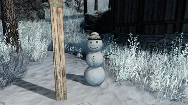 Skaal hat snowman next to road leading up to Riften (Seasons)