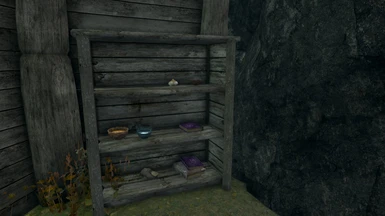 Spell books on a shelf in the shack