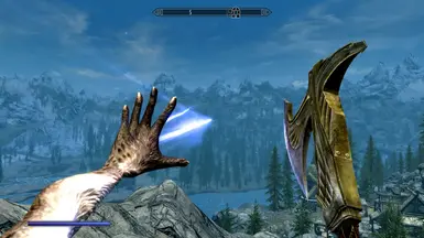 A character’s left hand is casting the Lightning Storm spell, indicated by a glowing blue light. Their right hand is holding an Elven War Axe with intricate designs.