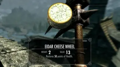 A (stolen) Eidar Cheese Wheel, boosted by this mod to heal for 50 points instead of 15.