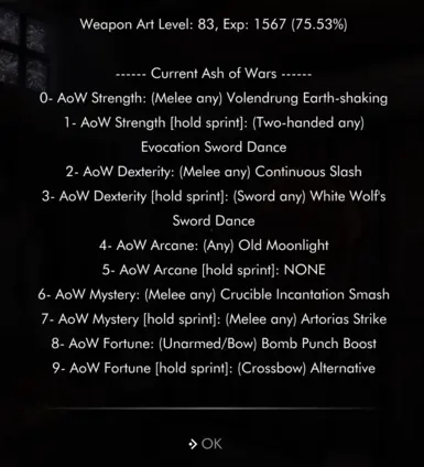 v1.2a: minor formatting change and shows weapon art level, experience, % to next level.