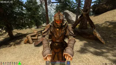 A bandit warming up wearing a facemask from the Face Masks of Skyrim patch