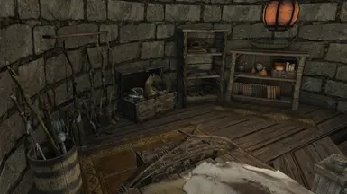 Upstairs, a double bed, storage for weapons and staves, armors, clothes, valuables, books and jewelry