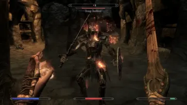 A Draugr Deathlord attacking the player, which won't hit as hard with this mod.
