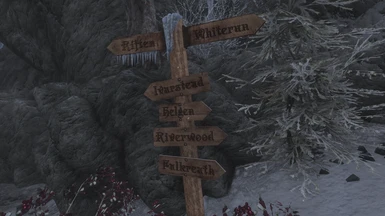 Mountain pass between Helgen and the Rift, 4K with Weathered Road Signs patch