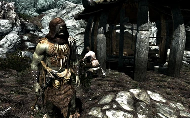 Forsworn armor with scarf-less brown fur hood