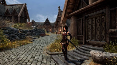Idling near the Whiterun streets. Dialogue support for the Crimson Blood armor is added through an optional patch.