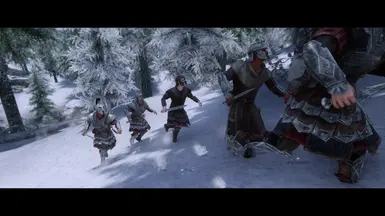Assault on Korvanjund. From left: Imperial Champion, Heavy Infantry, Light Infantry, Battlemage (Hadvar in foreground).