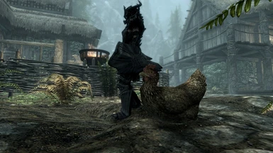 The most powerful creature in Skyrim, sitting peicefully next to some lady wearing black-painted armor.  