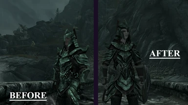 Practical Female Armor with Darker Orcish Armor tweak, before-after comparison in game; beneath vanilla rainy weather.