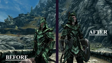Practical Female Armor with Darker Orcish Armor tweak, before-after comparison in game; beneath vanilla clear weather.