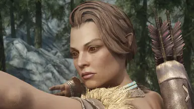 Wood Elf. The sculpt is a modified version of 'Nimphaneth' from khisartin's NPC Mod. This uses the freckled complexion with the 'Sleek' diffuse map and the 'Youthful' normal map. The outfit is ShinglesCat's port of Sparrow's Huntress outfit from Paragon.
