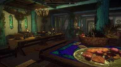 looking out from the corner of the kitchen - wallpaper included, floor and wood textures not included, house will source your whiterun tile and whiterun wood textures in-game