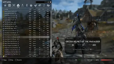 Orcish Helmet of the Marauder, and a very full backpack.