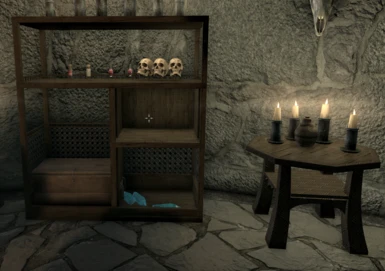 1.2 Dark Elf tall shelf and carved tea table