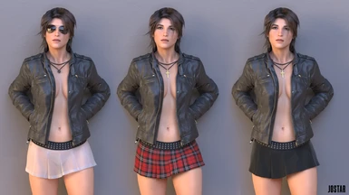 Lara Shirtless Leather Jacket and Mini Skirt