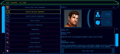 Carth will have his unique otfit and two of his personal blasters equippted when he joins your party.