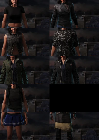Female: Short T-Shirt, Rex Jacket (No robot arm), Priestress Vest, ND Sniper Top, jacket in 2 colors, ND Bulletproof Vest, Pleated and Priestress Skirt