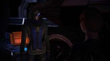 Garrus wears his casual outfit from ME2