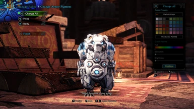 Frostclaw α+ Palico full armor set and the Forgefire α+ Palico weapon