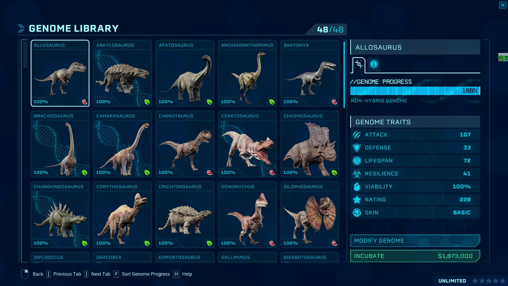 jurassic world evolution full dinosaur list