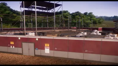 All construction sites, regardless of their original era, are now enclosed by red fencing. The Jurassic logo that appeared on this fencing has been replaced with the InGen logo.