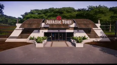 The circular Gyrosphere and Jurassic Tour signs no longer use the blue and white Jurassic World color scheme—they are now red and black.