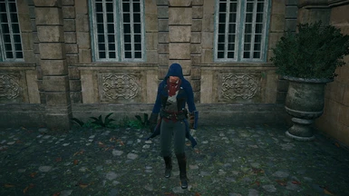 Assassin blue color with a slightly darker blue, pants with a slightly lighter gray and a darker red on the chest