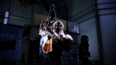 Batarian Sniper using the Kishock Harpoon Gun applying Disruptor Ammo and using his Shield Boost
