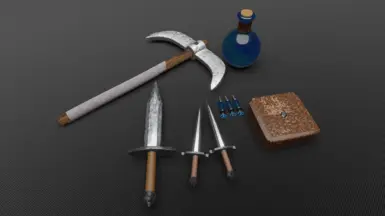 Graverobbers pickaxe, knife, throwing knives, and toxic darts