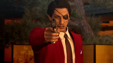 Majima pointing a gun.