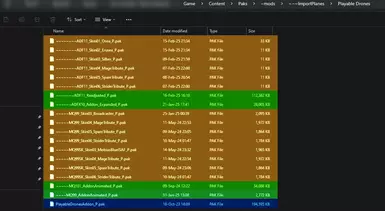 Recommended installation layout and directory. Blue is prerequisite, green are the main files, and orange are optional files.