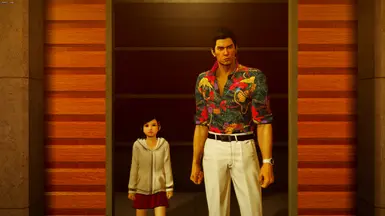 Kiryu with Shishido's shirt and pants