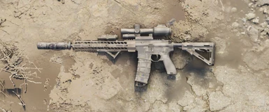 Showcasing the camo overlay on the handguard and the optional PMAG markings.