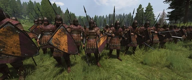 Imperial Armored Skutatoi (T4 Infantry) - Well trained and well armored troops from across the empire. For weapons they use a long straight sword (Spathion) or a double bladed axe (Tzikourion) and a short spear (Kontos Mikros) to fend of enemy cavalry.