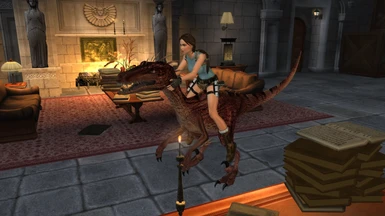 Lara riding a Velociraptor