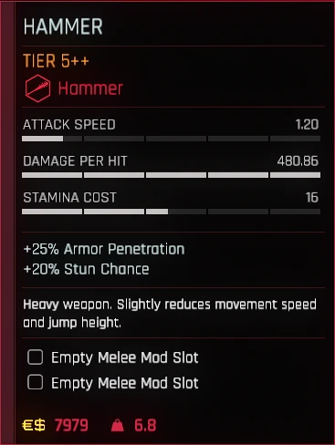 Level 60, Tier 5++, buffed Hammer attack stat with my mod.