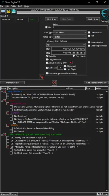 Cyberpunk 2077 Cheat Table (CT) at Cyberpunk 2077 Nexus - Mods and ...